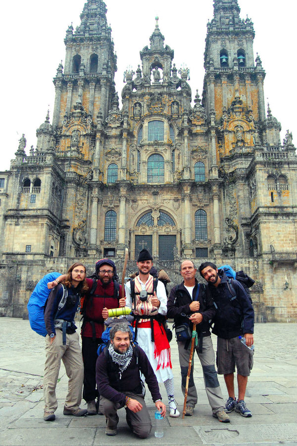 Camino pilgrims in front of the cathedral, Santiago de Compostela, Spain