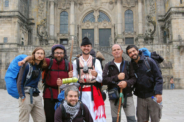 Camino pilgrims in front of the cathedral, Santiago de Compostela, Spain