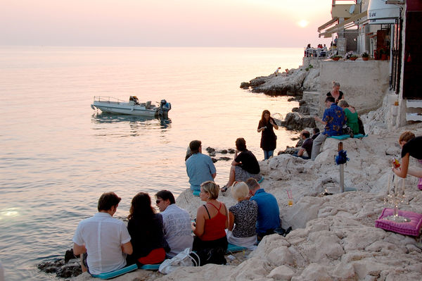 Waterfront bars at sunset, Rovinj, Croatia