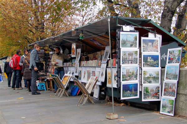 Bouquinistes along Seine River, Paris, France