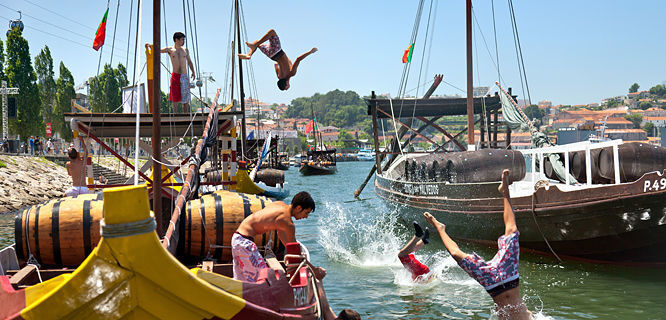 Swimmers along Cais da Ribeira, Porto, Portugal