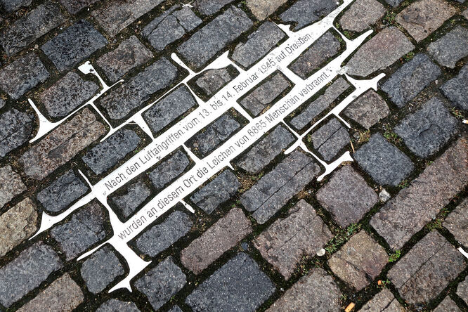 Firebombing commemoration in Altmarkt cobblestones, Dresden