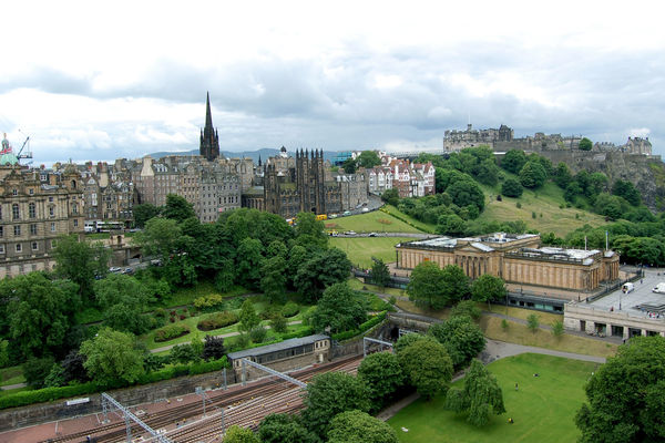 Princes Street Gardens with Edinburgh Castle and Scottish National Gallery, Edinburgh, Scotland