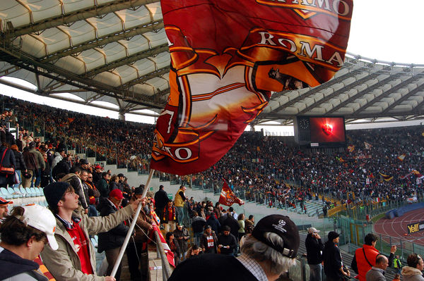 A.S. Roma fans at soccer match, Rome, Italy