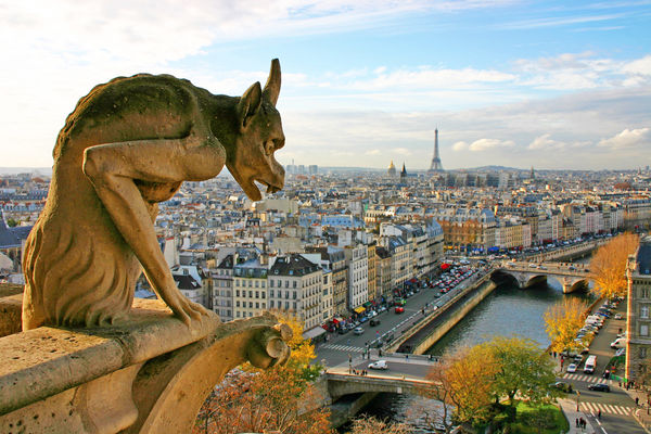 Notre-Dame gargoyle and Parisian skyline, Paris, France