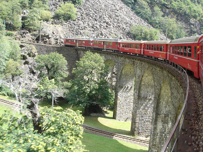 Bernina Express train on the Brusio viaduct, Brusio, Switzerland