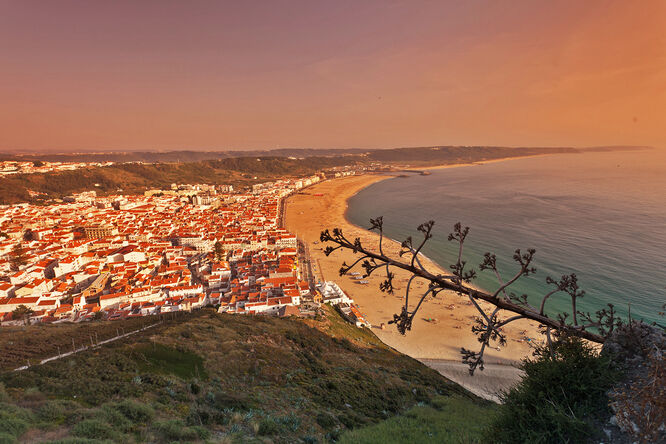 Nazaré and its beach, as seen from Sítio neighborhood, Portugal