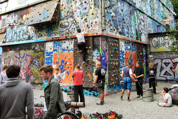 Neighborhood climbing wall made from former WWII bunker in the Schanzenviertel district, Hamburg, Germany 