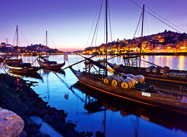 Port wine boats along Cais da Ribeira, Porto, Portugal