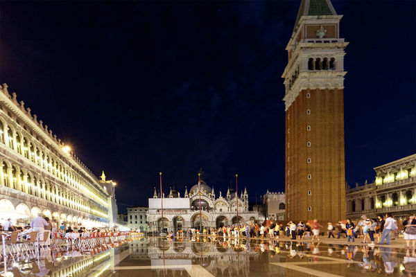 St. Mark's Square at night (and somewhat flooded), Venice, Italy