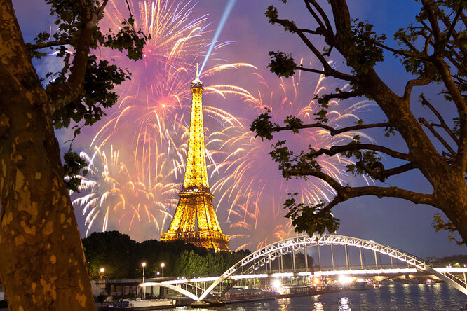 Bastille Day fireworks near the Eiffel Tower, Paris, France