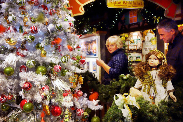 Christmas ornaments for sale in Käthe Wohlfahrt shop, Rothenburg ob der Tauber, Germany