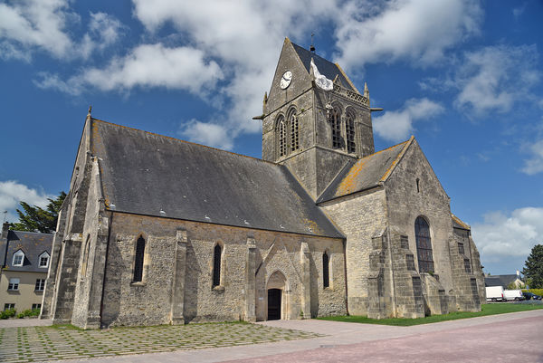 Town church, Sainte-Mère-Eglise, France