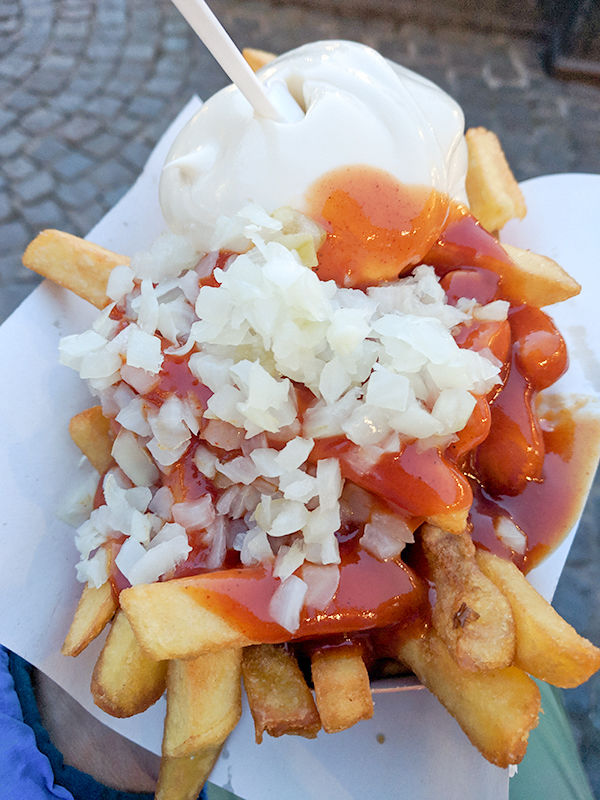 Fries with mayo, onions, and curry ketchup, Bruges, Belgium