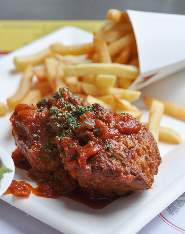 Meatball served "Flemish style," Bruges, Belgium