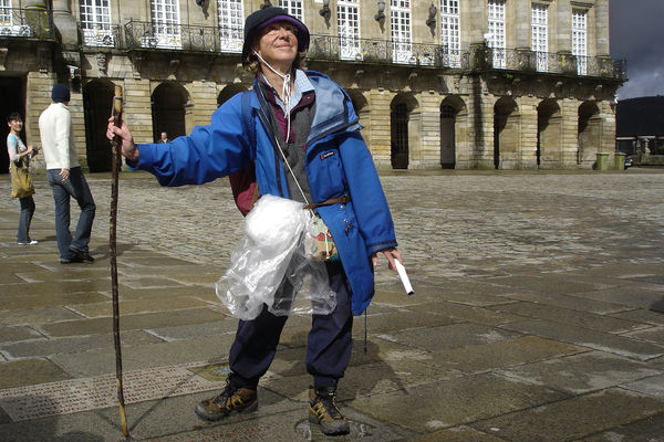 Camino pilgrim arriving in Santiago de Compostela