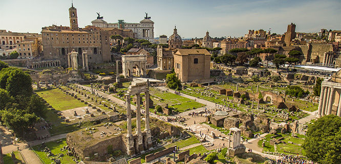 Overview of ruins at the Roman Forum, Rome, Italy