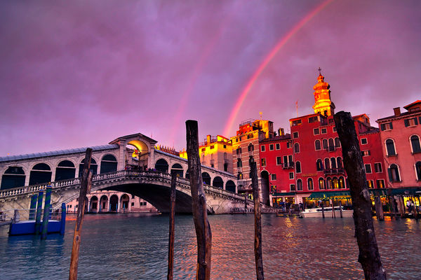 Rialto Bridge and rainbow, Venice, Italy