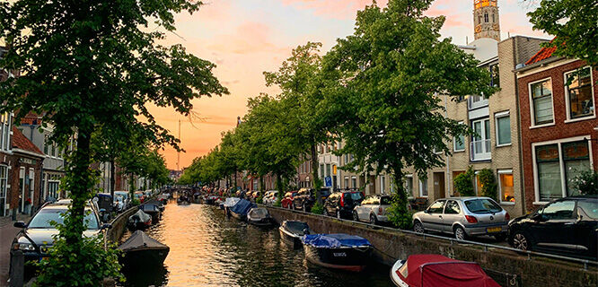 A view of a canal at sunset, Haarlem, Netherlands 