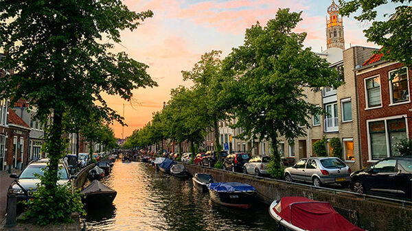 A view of a canal at sunset, Haarlem, Netherlands 