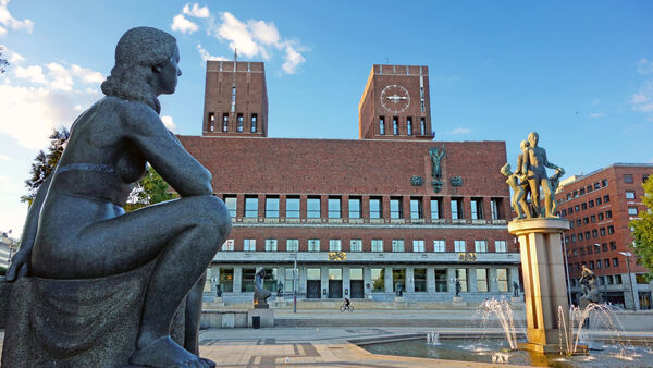 Statue in front of Oslo City Hall, Norway