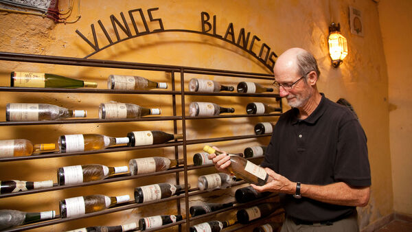 Man holding wine bottle in wine cellar, Toledo, Spain