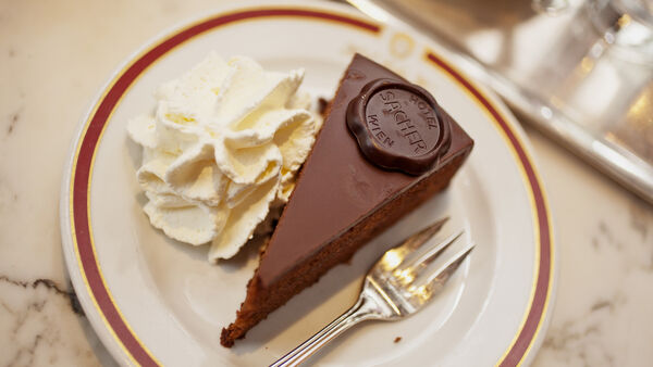 Slice of Sacher torte, Hotel Sacher, Vienna, Austria