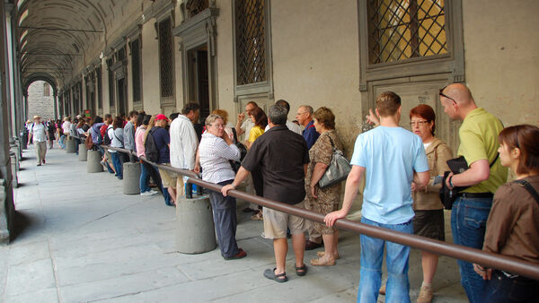 Lining up for Uffizi Gallery tickets, Florence, Italy