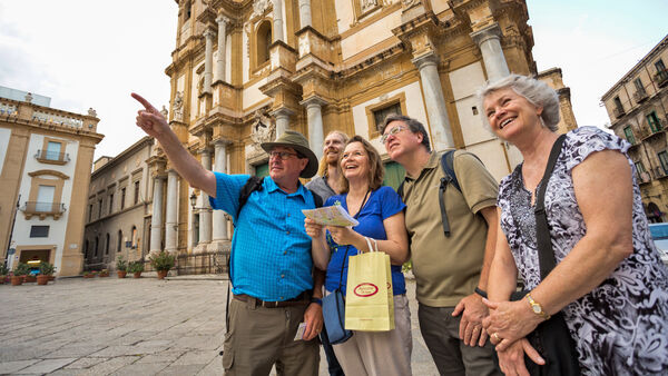 Travelers in front of San Domenico Church, Palermo, Sicily