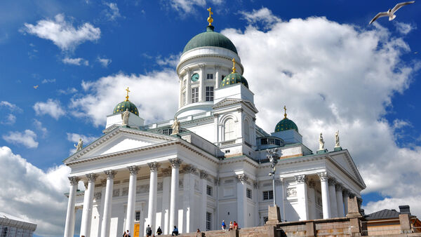 Bright-white Neoclassical exterior of Helsinki's Lutheran cathedral
