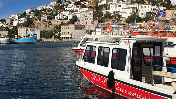 Taxi boats in the harbor of the isle of Hydra, Greece