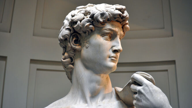Close-up look at the face of Michelangelo's sculpture of David, in Florence's Accademia Gallery