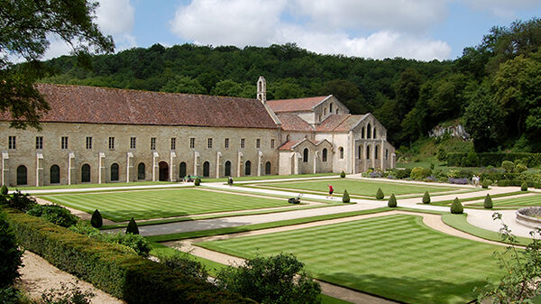 The medieval Cistercian Abbey of Fontenay, and its neatly tended gardens