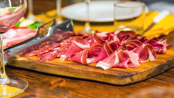 Prosciutto as served on a board in a Tuscan restaurant