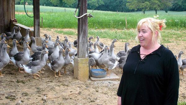 Geese and their keeper at a foie gras farm in the Dordogne