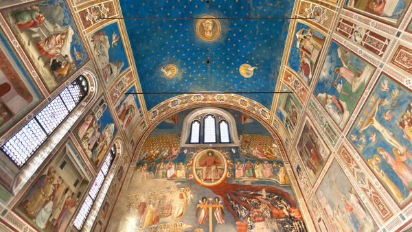 The elaborately frescoed interior of the Scrovegni Chapel in Padua, Italy