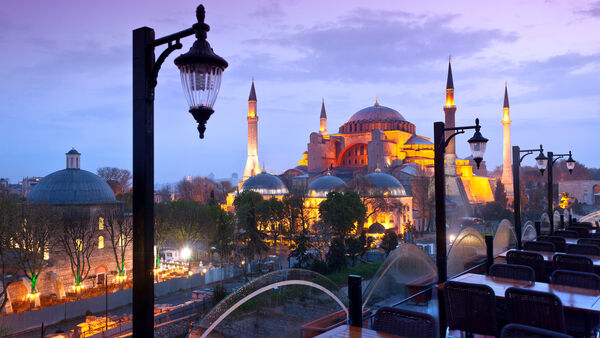 The domes and minarets of Istanbul's Hagia Sophia Grand Mosque, formerly an Orthodox Church, as seen at dusk