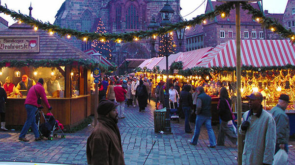 Christmas market at dusk