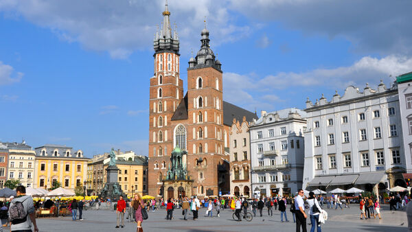Kraków's Main Market Square, with St. Mary's Church at its center
