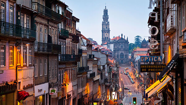 The view down Rua dos Clérgios to Clérgios Church and its tower, Porto, Portugal