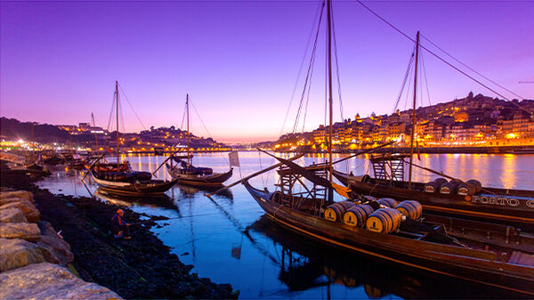 Rabelo boats at dusk in Porto, Portugal