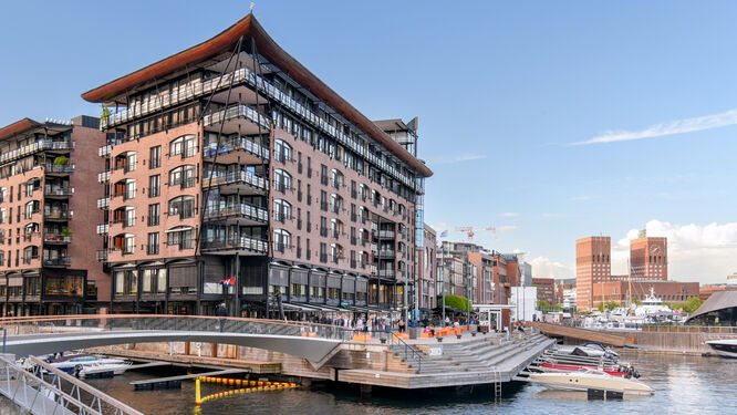 Modern waterfront buildings and promenade in Oslo's modern Aker Brygge neighborhood