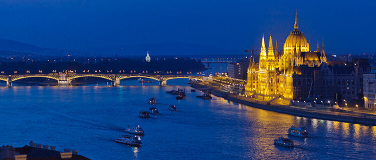 Hungarian Parliament Building and Danube River at night, Budapest