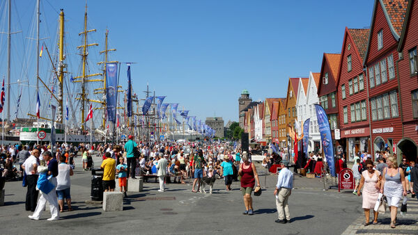 Pedestrian-filled Bryggen waterfront, Bergen, Norway