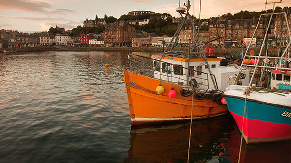 Colorful fishing boats tied up in the harbor of Oban, Scotland