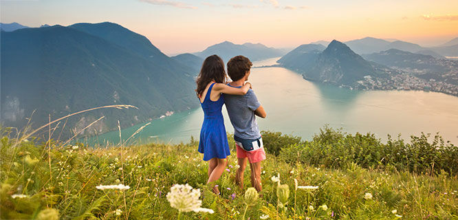 Couple at lake overlook, Lugano, Switzerland