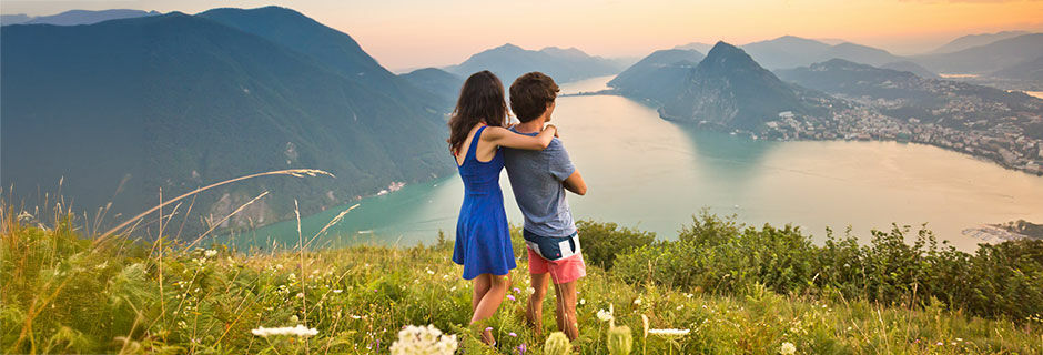 Couple at lake overlook, Lugano, Switzerland