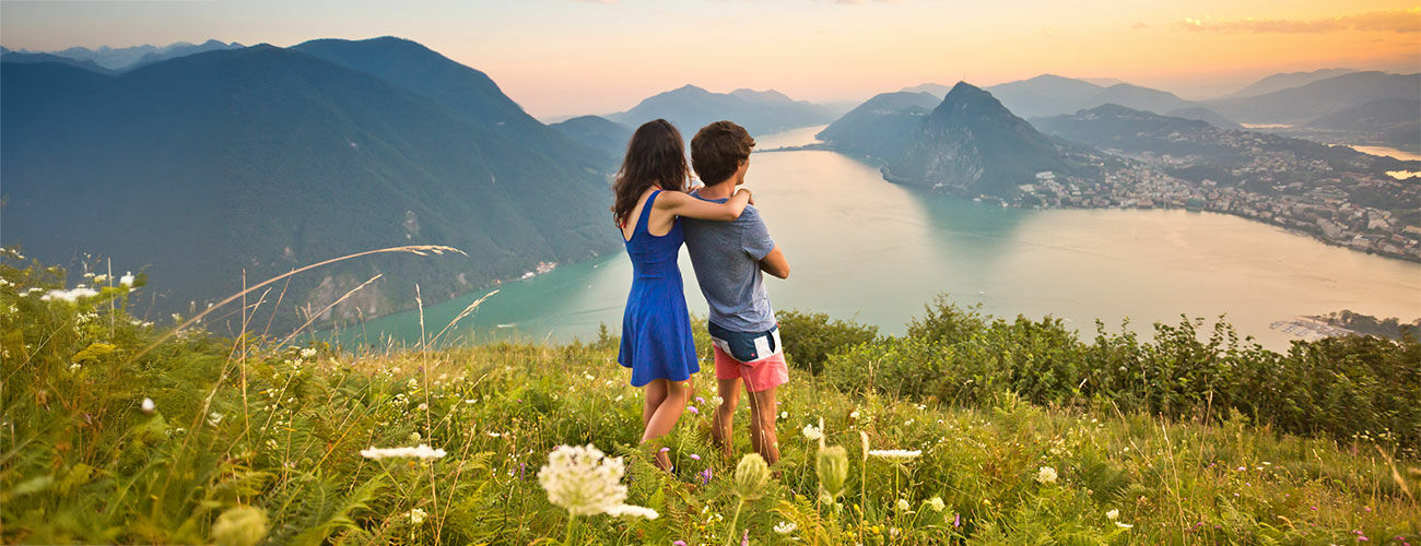 Couple at lake overlook, Lugano, Switzerland