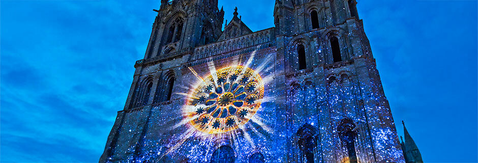 Chartres Cathedral with snowy lights, Paris, France