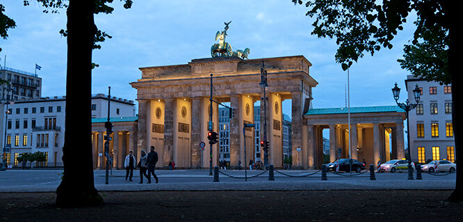 Brandenburg Gate at dusk, Berlin, Germany